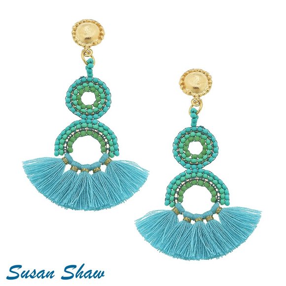 Susan Shaw Turquoise and Green Beaded Earrings - Picture 1 of 1